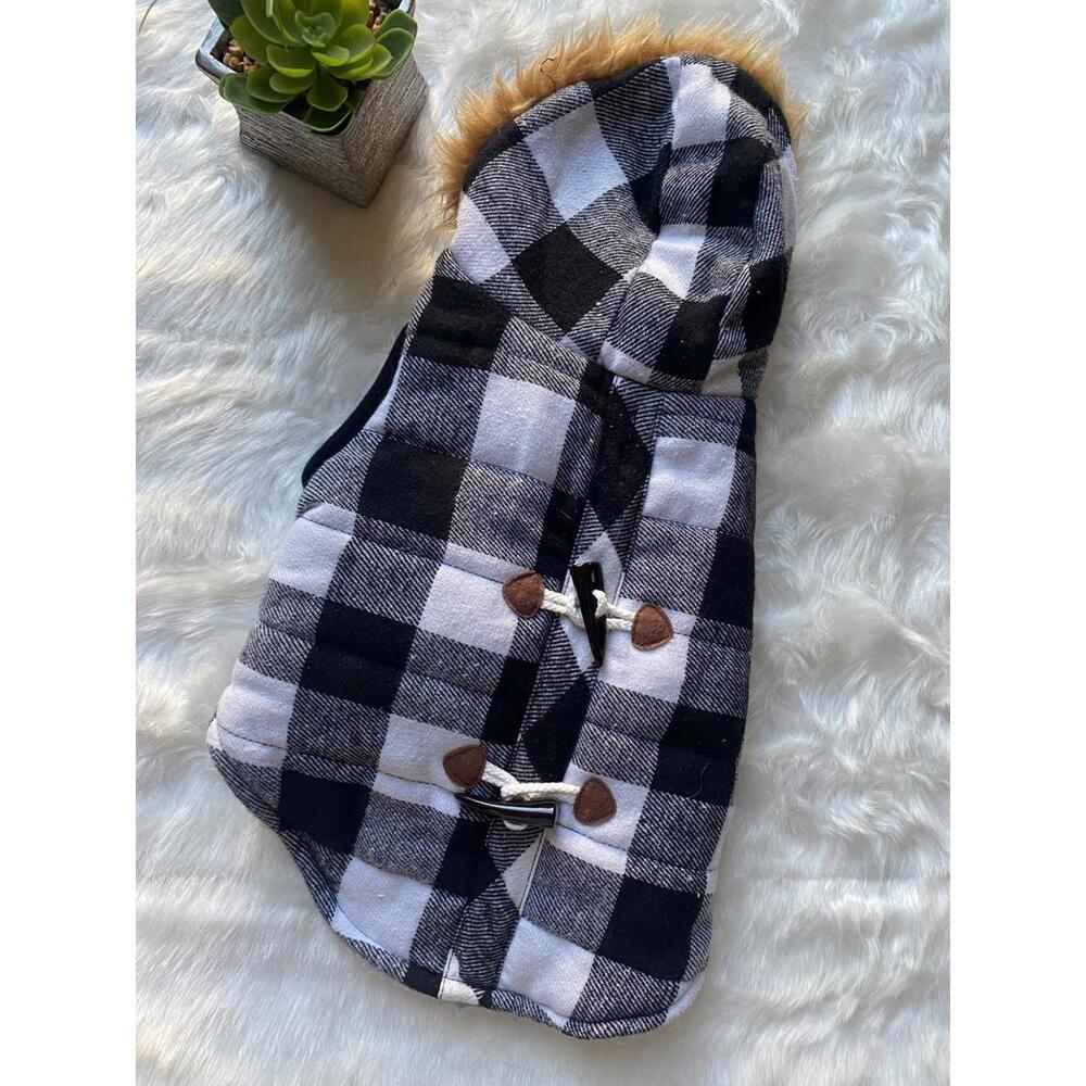 Plaid Fleece-Lined Dog Coat with Hood and Toggle Closures
